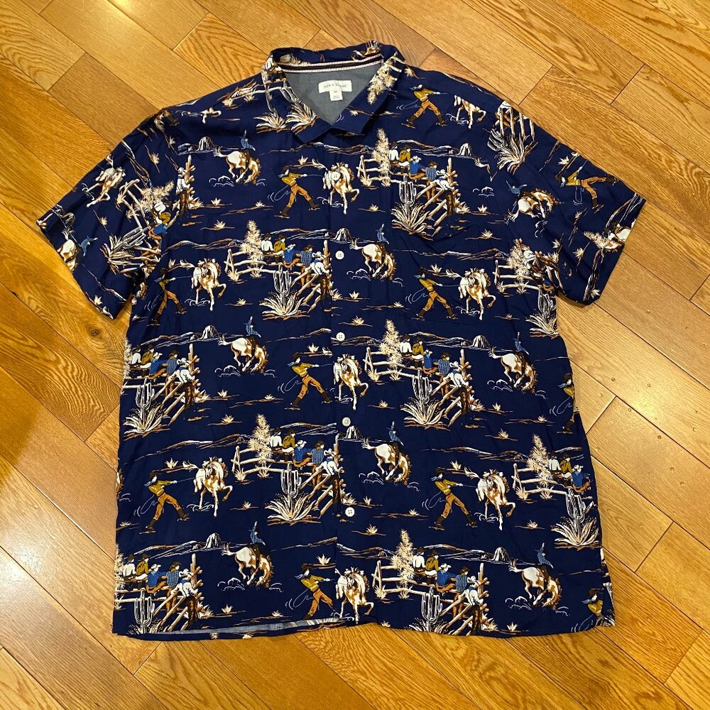 Sun & Stone Mens Hawaiian Shirt Size XXL Cowboy Rodeo Broncos Print Loop Collar